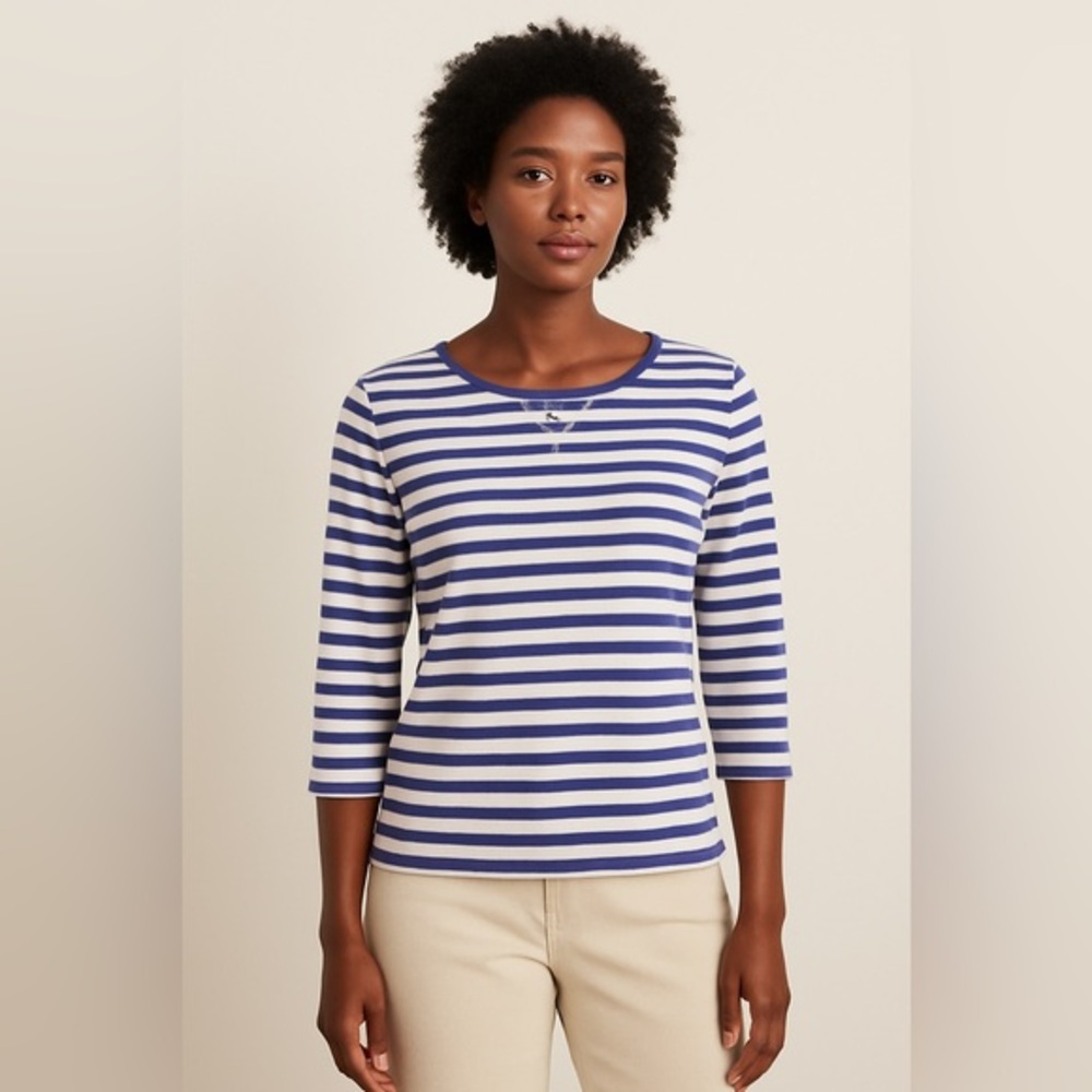 Oleg Cassini Sport Women's Periwinkle/White Striped 3/4 sleeves top Large #0167